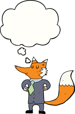 Bir insan tarafından çizilmiş düşünce baloncuğu olan tilki bir iş adamı.