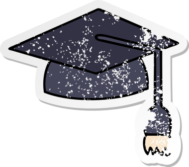 Bir insan tarafından çizilmiş şirin bir çizgi film mezuniyet şapkasının sıkıntılı çıkartması.