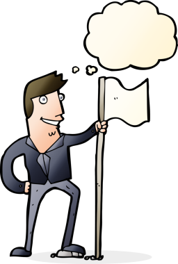 Bir insan tarafından çizilmiş düşünce baloncuğuyla bayrak diken çizgi film adamı.