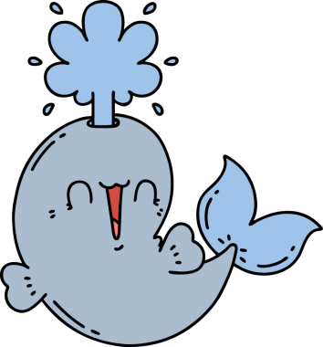 Geleneksel dövme stili bir insan tarafından çizilmiş mutlu, fışkırtan balina karakteri.