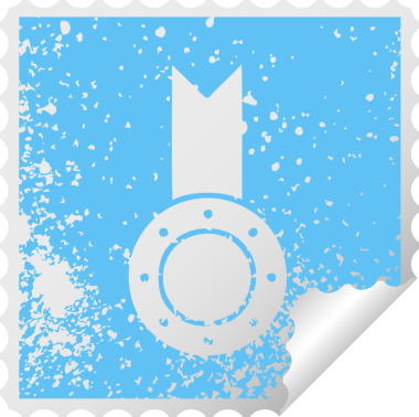 Bir insan tarafından çizilmiş altın madalyanın kare soyulmuş çıkartması.