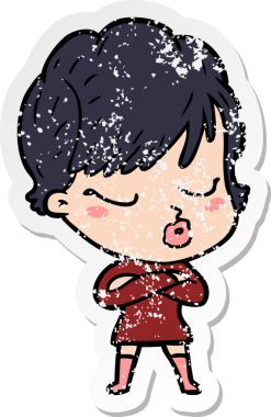 Bir insan tarafından çizilmiş gözleri olan karikatürlü bir kadının sıkıntılı çıkartması.