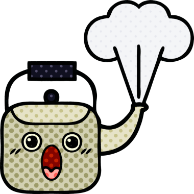 Bir insan tarafından çizilmiş dumanı tüten bir çaydanlığın çizgi romanı.