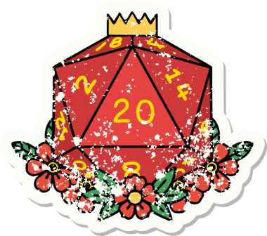 Bir insan tarafından çizilmiş çiçek elementleriyle 20 D20 zarının grunge sticker 'ı.
