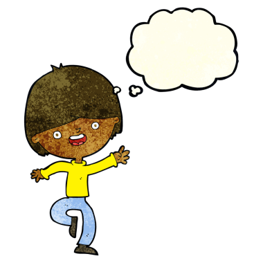 Bir insan tarafından çizilmiş düşünce baloncuğuyla dans eden mutlu çocuk.