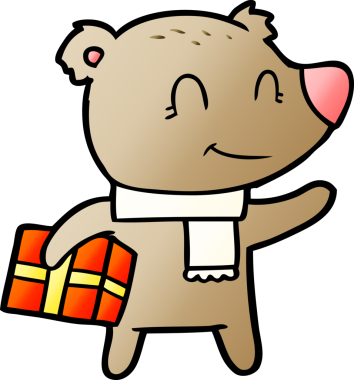 Bir insan tarafından çizilmiş Noel hediyesi ve eşarbı olan dost bir ayı.