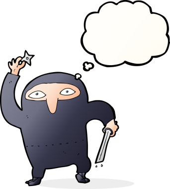 Bir insan tarafından çizilmiş düşünce baloncuklu ninja çizgi filmi.