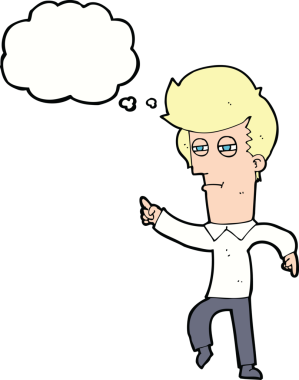 Bir insan tarafından çizilen düşünce baloncuğuyla suçlanan çizgi film adamı.