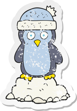 Bir insan tarafından çizilmiş şapka giyen penguen çizgi filminin gerilimli yapıştırması.