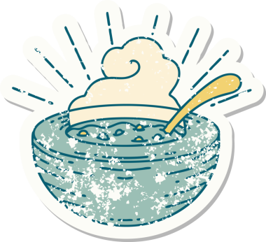 Bir insan tarafından çizilmiş bir çorba kasesinin eski bir çıkartması.