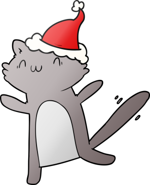 Bir insan tarafından çizilmiş Noel Baba şapkası giymiş dans eden bir kedinin el çizimi karikatürü.