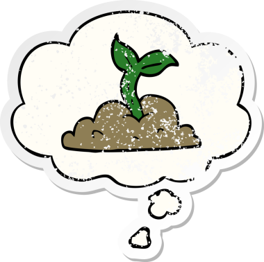 Düşünce baloncuklarıyla filizlenen çizgi film bir insan tarafından çizilmiş yıpranmış bir çıkartma gibi.