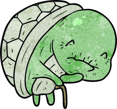 Bir insan tarafından çizilmiş bastonlu yaşlı bir kaplumbağa.