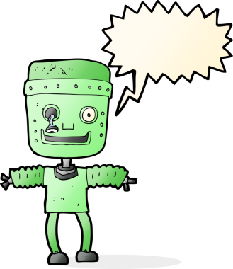 Bir insan tarafından çizilmiş konuşma balonu olan çizgi film robotu.