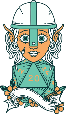 Retro Dövme Tarzı Elf Savaşçısı Karakteri Bir insan tarafından çizilmiş doğal 20 zar atışıyla