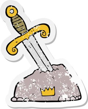 Bir insan tarafından çizilmiş taştaki çizgi film kılıcının gerilimli retro çıkartması.