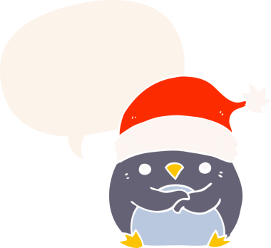 Bir insan tarafından çizilmiş eski tarz konuşma baloncuğu olan Noel şapkası takan sevimli penguen çizgi filmi.