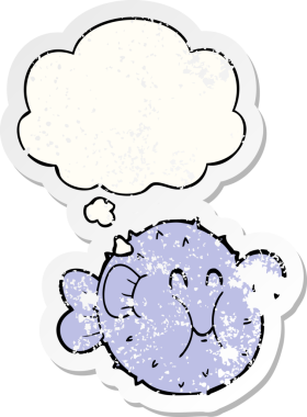 Düşünce baloncuklu kirpi balığı bir insan tarafından çizilmiş yıpranmış bir çıkartma.