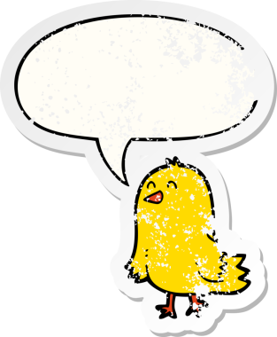 Konuşma baloncuğu olan çizgi film kuşu, bir insan tarafından çizilmiş sıkıntılı eski bir çıkartma.