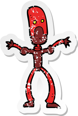 Bir insan tarafından çizilmiş komik bir robotun gerilimli çıkartması.