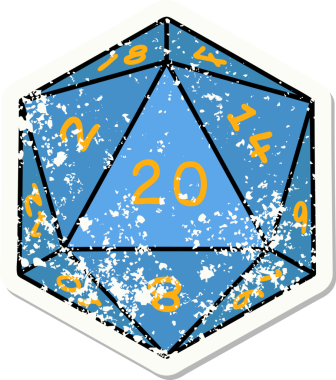 Bir insan tarafından çizilmiş 20 D20 zarının grunge sticker 'ı.