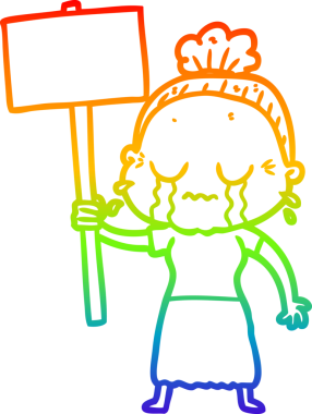 Karikatür çizen karikatür çizen yaşlı kadın, bir insan tarafından çizilen protestoyu protesto ederken ağlıyor.