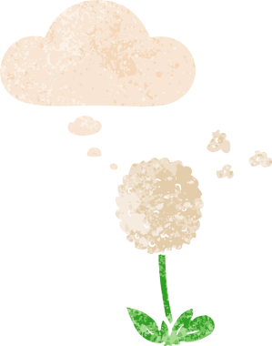 Düşünce baloncuğu ve grunge desenli karikatür çiçeği bir insan tarafından çizilmiş.