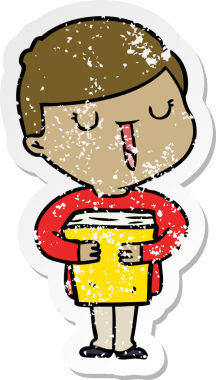 Bir çizgi filmin kederli çıkartması. Mutlu çocuk kitabı hakkında konuşuyor. Bir insan tarafından çizilmiş.