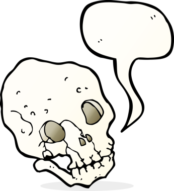 Bir insan tarafından çizilmiş konuşma baloncuğu olan karikatürümsü kafatası.