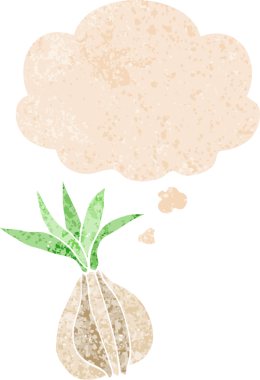 Düşünce baloncuklu çizgi film soğanı grunge sıkıntılı retro desenli bir insan tarafından çizilmiş