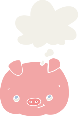 insan tarafından çizilmiş, düşünce baloncuklu mutlu domuz çizgi filmi.