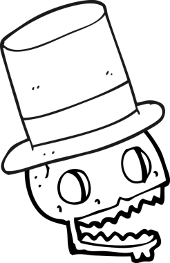 El yazısıyla çizilmiş siyah beyaz çizgi film. Bir insan tarafından çizilmiş silindir şapkalı kafatası.