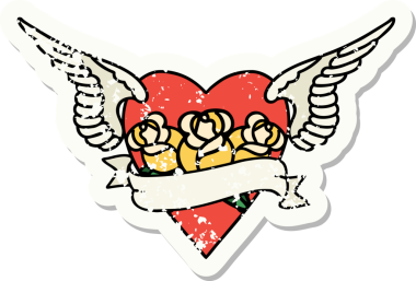 Geleneksel kalp stili dövmeli, kanatlı, çiçekli ve bir insan tarafından çizilmiş dövmeli.