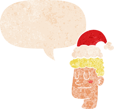 Karikatürist adam noel şapkası takıyor ve konuşma baloncuğu ile grunge dertli eski moda bir insan tarafından çizilmiş