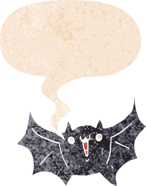 çizgi film mutlu vampir yarasa konuşma balonu ile grunge sıkıntılı retro tarzı bir insan tarafından çizilmiş