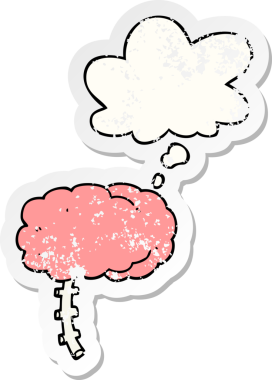 Düşünce baloncuklu çizgi film beyni bir insan tarafından çizilmiş yıpranmış bir çıkartma gibi.