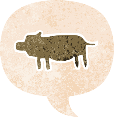 grunge 'da konuşma baloncuğu olan karikatür hayvan sembolü bir insan tarafından çizilmiş dertli retro desenli