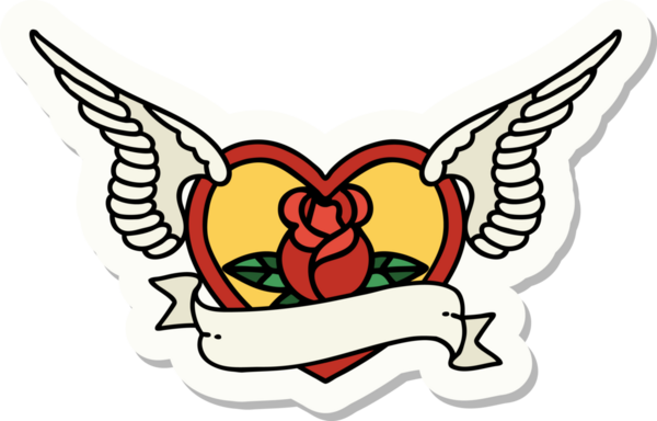 Geleneksel bir dövme stili. Uçan kalp. Çiçekler ve bir insan tarafından çizilmiş bayrak.