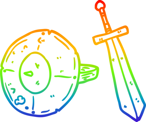 Eski bir gladyatör kalkanı ve bir insan tarafından çizilen kılıcın çizimi.