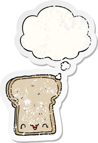 Düşünce baloncuklu şirin bir ekmek dilimi insan tarafından çizilmiş yıpranmış bir çıkartma gibi.
