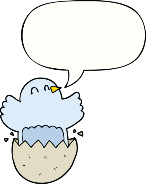 Bir insan tarafından çizilmiş konuşma baloncuğu ile yumurtadan çıkan tavuk.