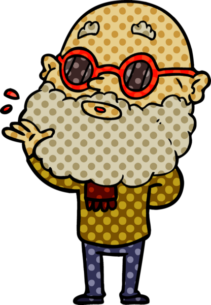 Bir insan tarafından çizilmiş sakallı ve güneş gözlüklü meraklı bir adam.