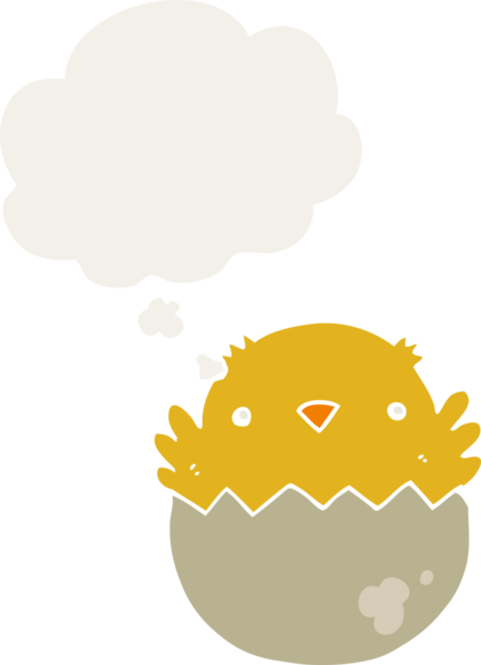 Karikatür civcivi yumurtadan çıkıyor. Düşünce baloncuğu eski moda bir insan tarafından çizilmiş.