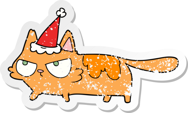 Bir insan tarafından çizilmiş Noel Baba şapkası giymiş kızgın bir kedinin el çizimi karikatürü.