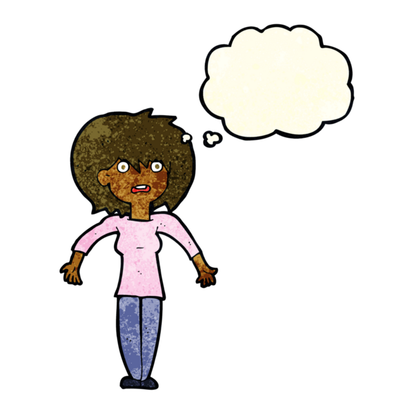 Bir insan tarafından çizilmiş düşünce baloncuğuyla omuz silken çizgi film kadını.