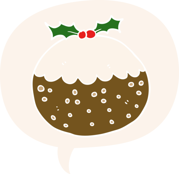 Karikatür noel pudingi konuşma baloncuğu ile retro tarzı bir insan tarafından çizilmiş.