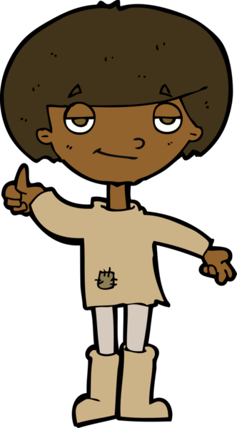 Kötü giyinmiş çizgi filmci çocuk bir insan tarafından çizilmiş baş parmak işareti veriyor.