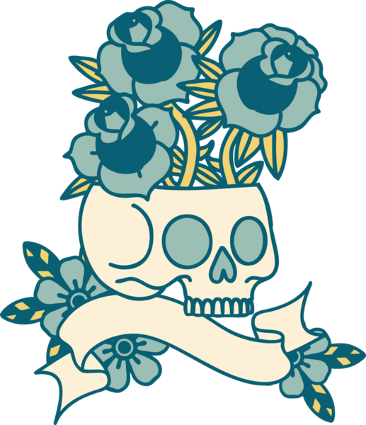 Bir insan tarafından çizilmiş kafatası ve güllerle geleneksel dövme.