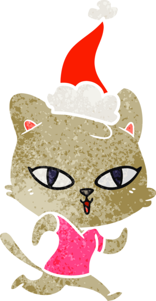 Bir insanın çizdiği Noel Baba şapkasıyla koşuya çıkmış bir kedinin el çizimi karikatürü.