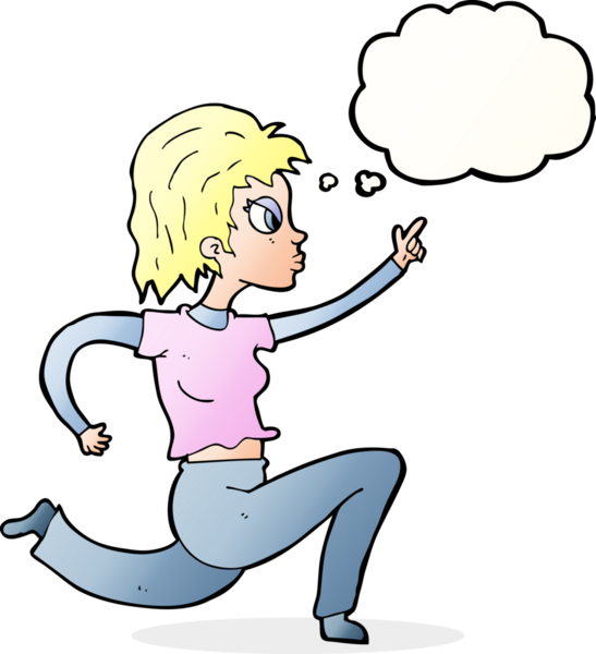 Bir insan tarafından çizilmiş düşünce balonuyla koşan ve işaret eden çizgi film kadını.